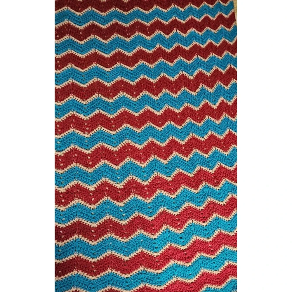 Vintage Handmade Afgan Crochet Chevron Blue Red Grandma Granny‎ Blanket 76